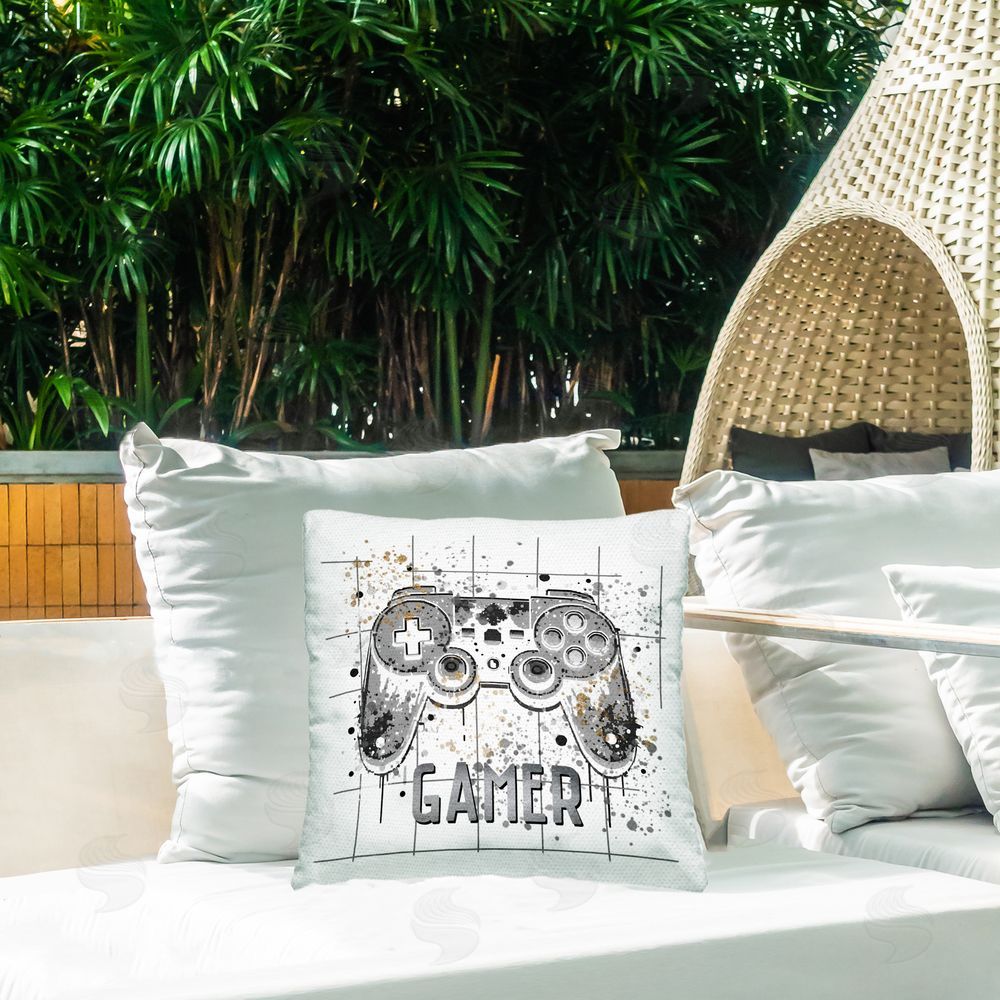 Kim Allen Gamer with Pixel Splatter Outdoor Printed Throw Pillow on Patio