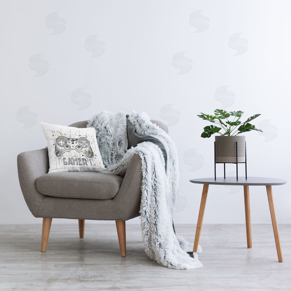 Kim Allen Gamer with Pixel Splatter Printed Indoor Throw Pillow in Room