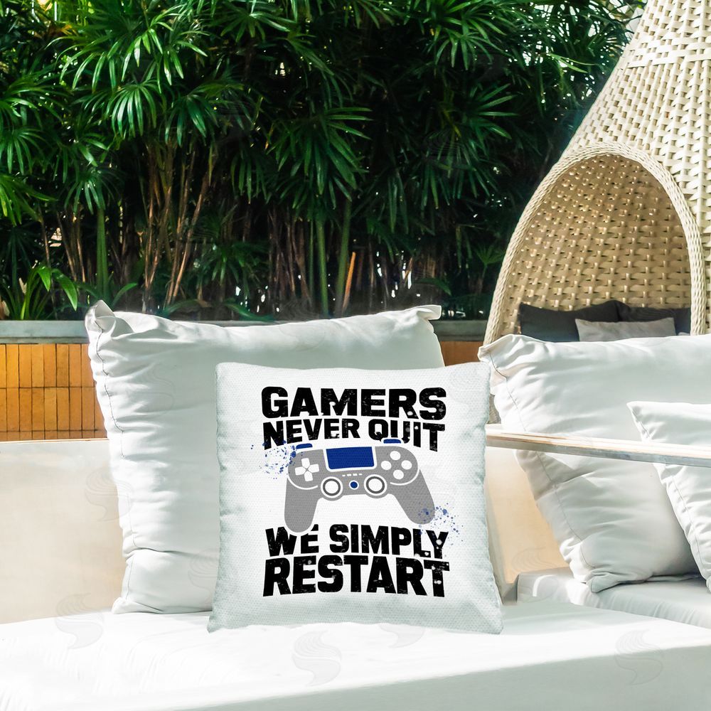 Kim Allen Simply Restart Gamer Motivation Outdoor Printed Throw Pillow on Patio