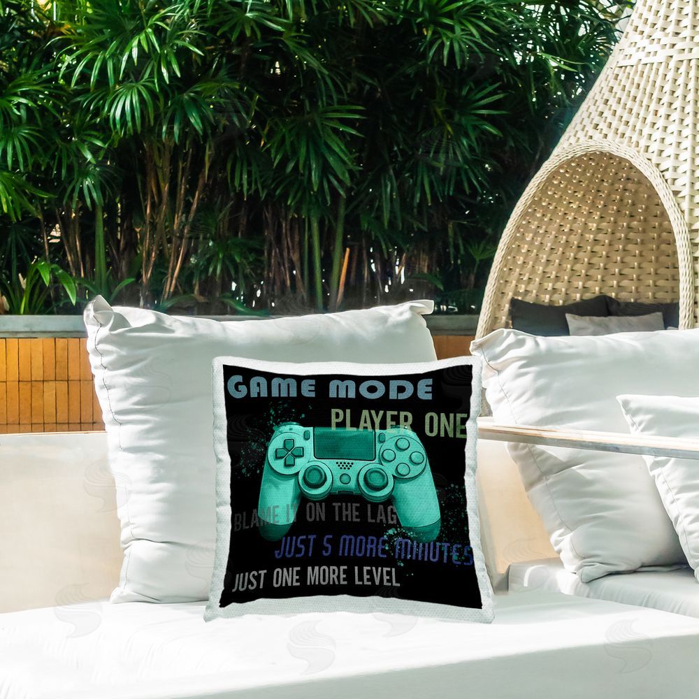 Kim Allen Game Mode Player One Controller Outdoor Printed Throw Pillow on Patio