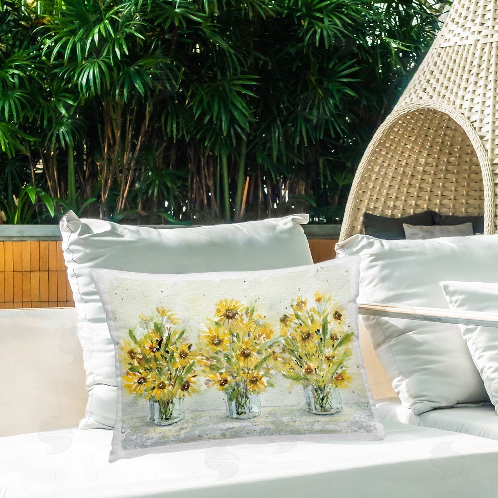 Patti Bishop Trio of Sunflower Vases Outdoor Printed Throw Pillow on Patio