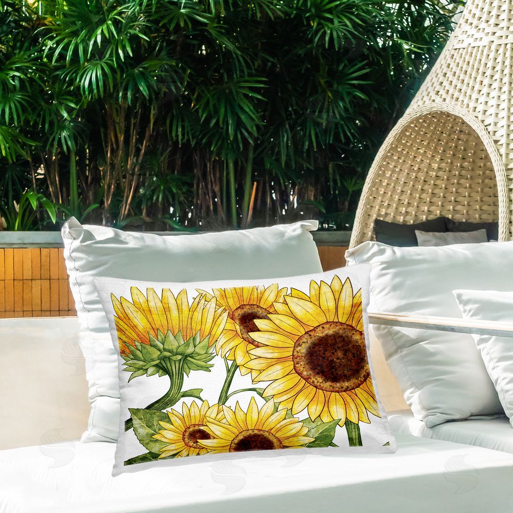 Kim Allen Rustic Bloom Sunflowers Outdoor Printed Throw Pillow on Patio