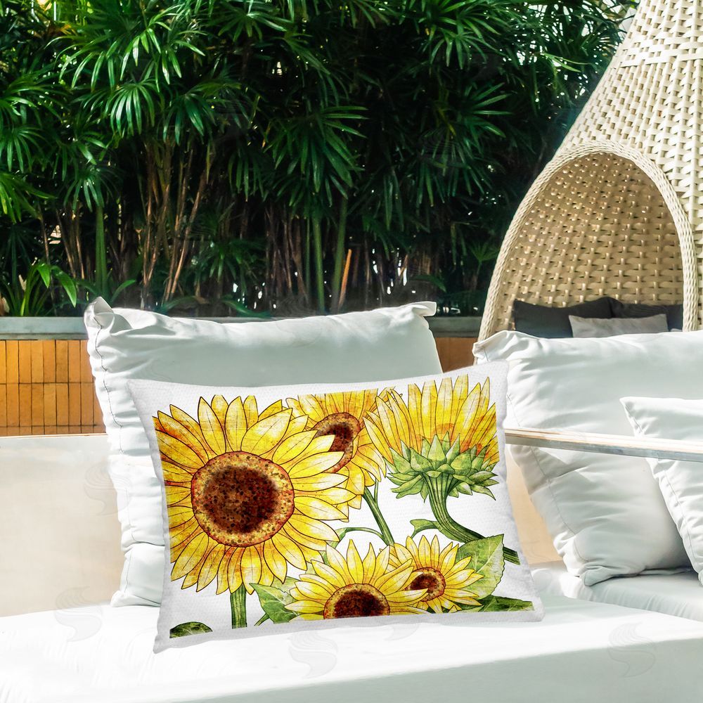 Kim Allen Peeking Sunflower Blooms Outdoor Printed Throw Pillow on Patio