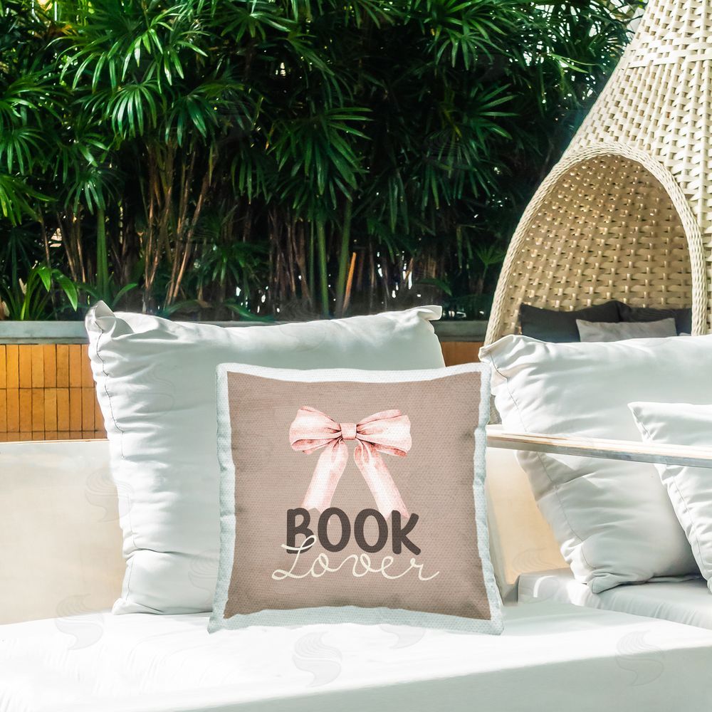 Kim Allen Book Lover with Bow Outdoor Printed Throw Pillow on Patio