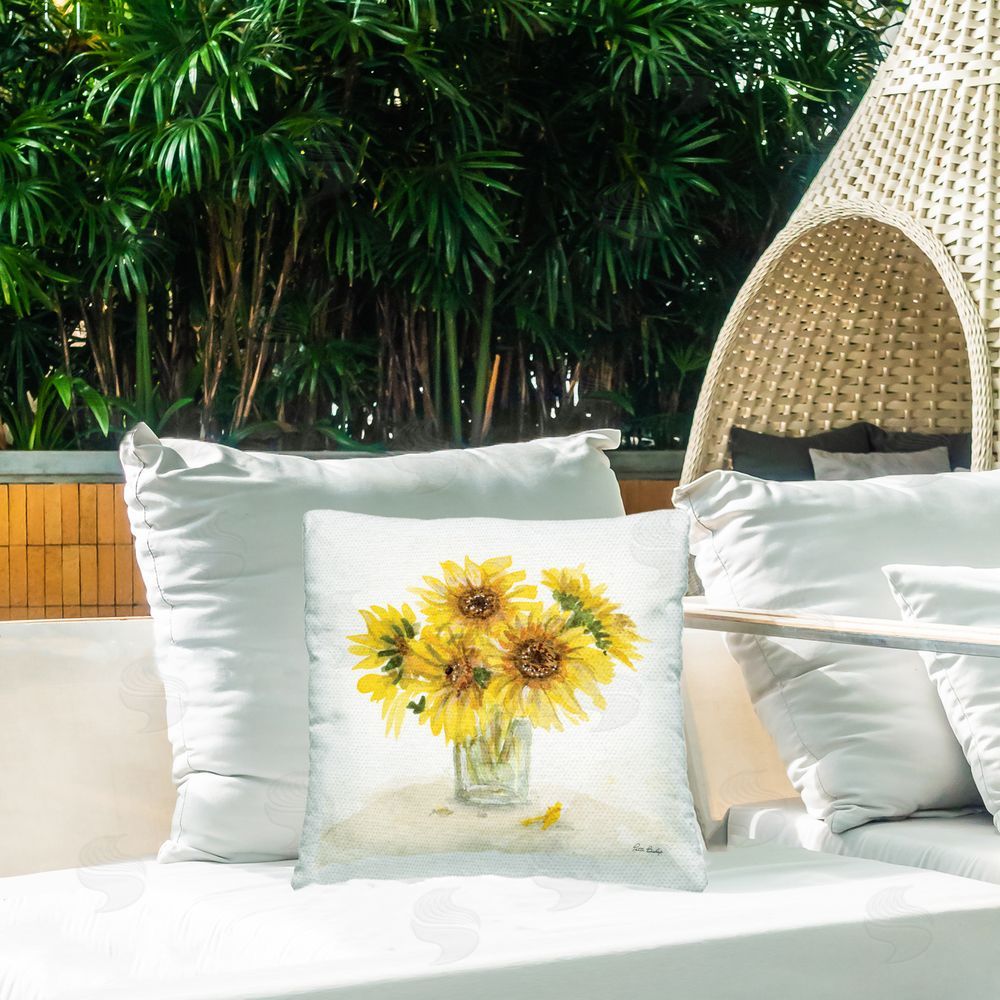Patti Bishop Unfurling Sunflowers Vase Outdoor Printed Throw Pillow on Patio