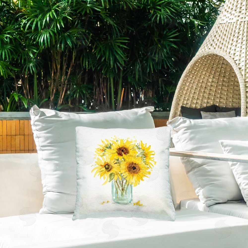 Patti Bishop Warm Yellow Sunflower Bouquet Outdoor Printed Throw Pillow on Patio