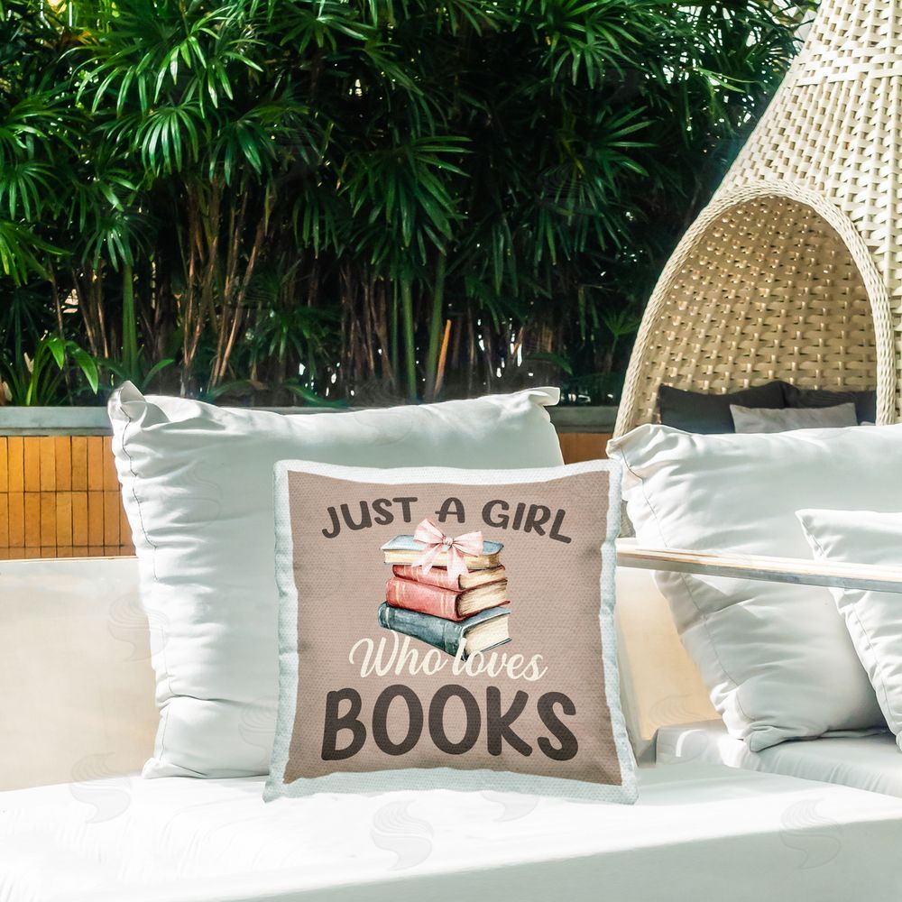 Kim Allen Just A Girl Who Loves Books Outdoor Printed Throw Pillow on Patio