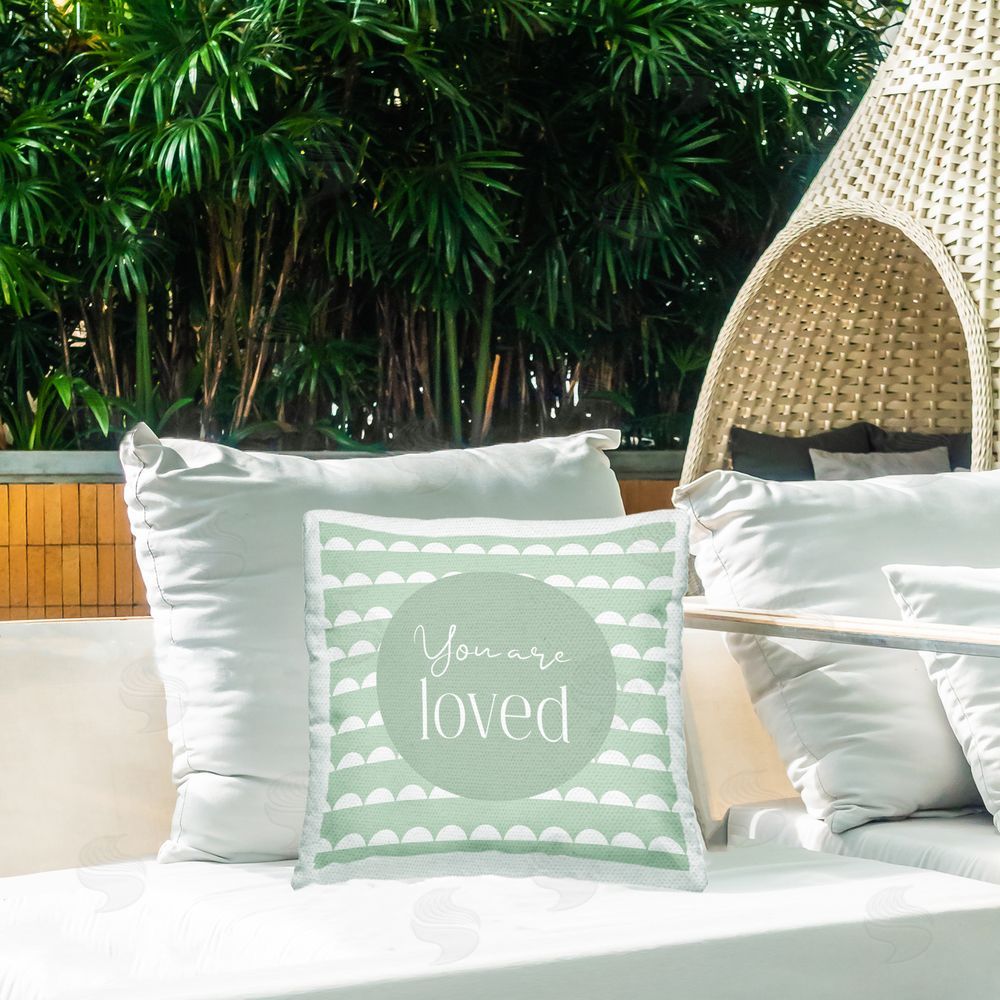 Christine Simpson Art You Are Loved Affirmation Outdoor Printed Throw Pillow on Patio