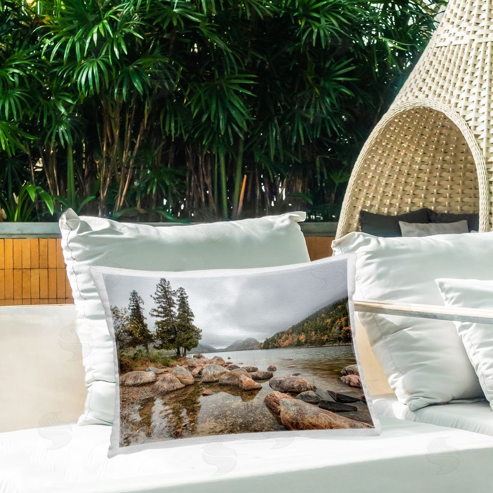 Jon Evan Pond In The Mountains Outdoor Printed Throw Pillow on Patio