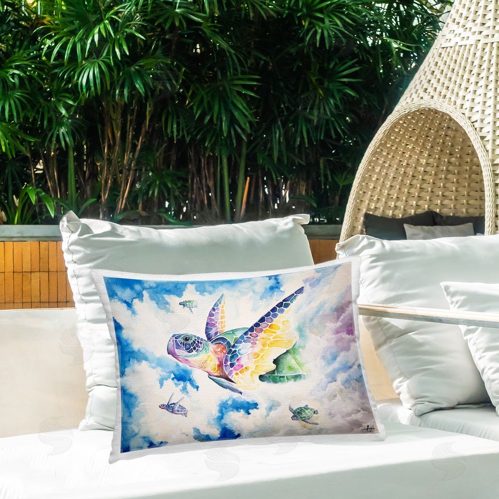 Marc Allante Skyward Sea Turtles Outdoor Printed Throw Pillow on Patio