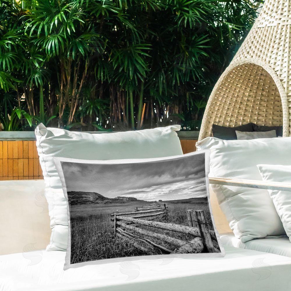 Jon Evan Zigzag Fence into Pasture Outdoor Printed Throw Pillow on Patio