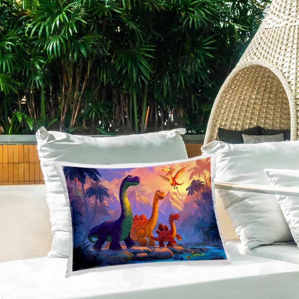 Wumples Dinosaur Friends In The Jungle Outdoor Printed Throw Pillow on Patio