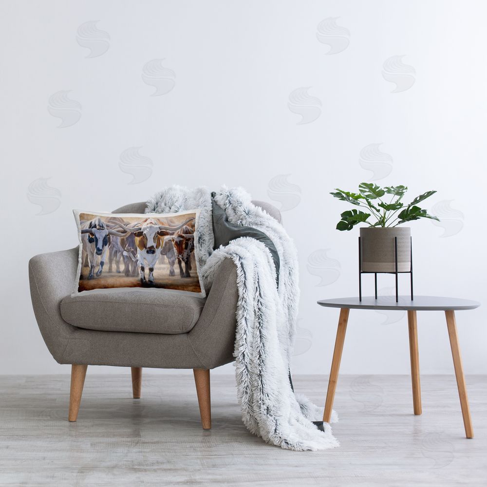 James Corwin Trotting Longhorn Cattle Printed Indoor Throw Pillow in Room
