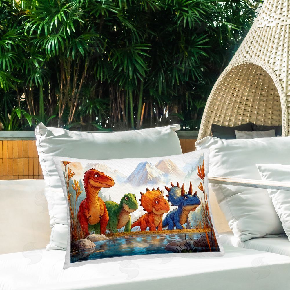 Wumples Four Dinos By The Pond Outdoor Printed Throw Pillow on Patio