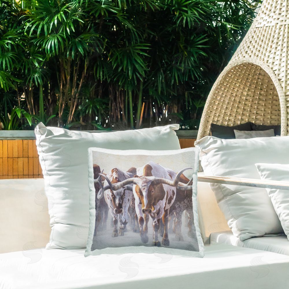 James Corwin Herd of Longhorns on Ranch Outdoor Printed Throw Pillow on Patio