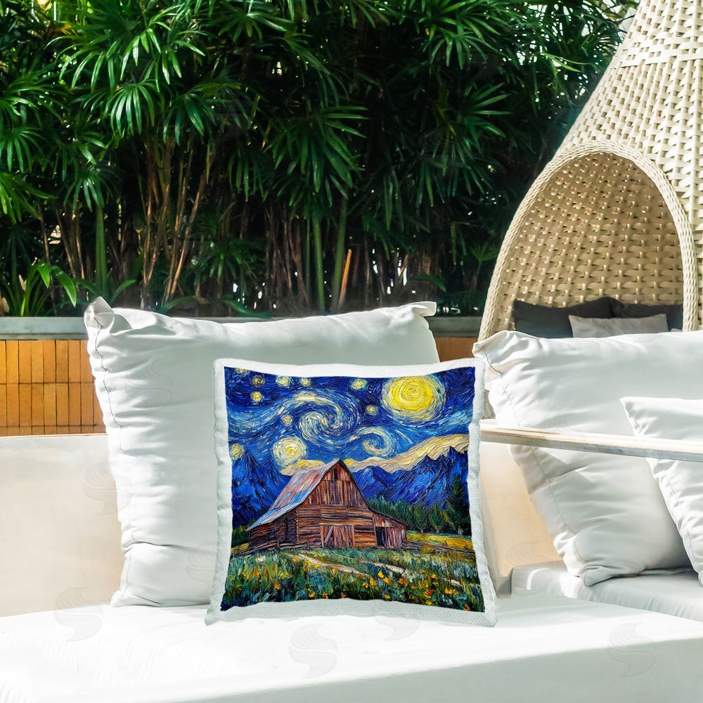 Wumples Grand Teton in Post Impressionist Style Outdoor Printed Throw Pillow on Patio
