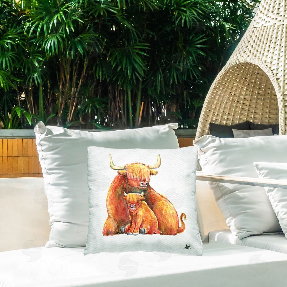 Marc Allante Yakety Yak Cattle Outdoor Printed Throw Pillow on Patio