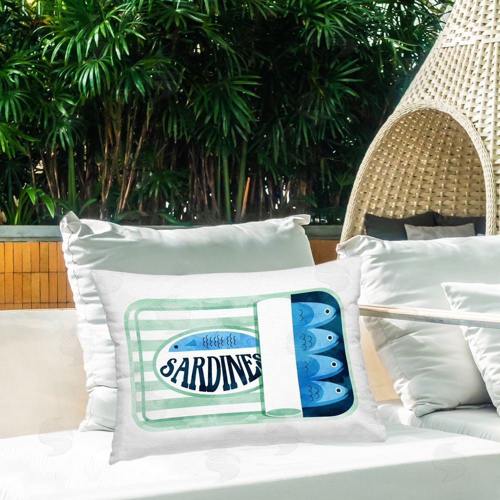 Daphne Polselli Green Stripe Sardine Tin Outdoor Rectugular Printed Throw Pillow on Patio