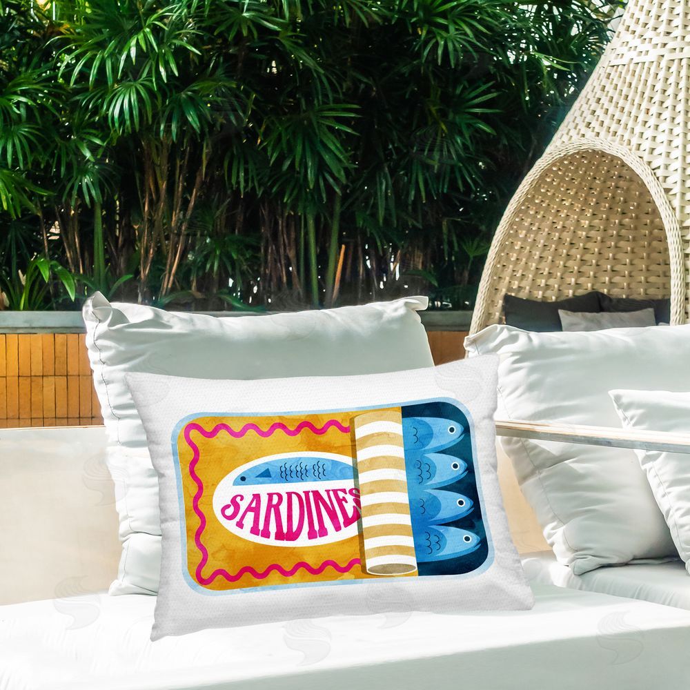 Daphne Polselli Yellow and Pink Sardine Tin Outdoor Rectugular Printed Throw Pillow on Patio