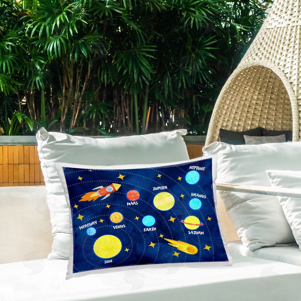Daphne Polselli Rocket Across Solar System Outdoor Rectugular Printed Throw Pillow on Patio
