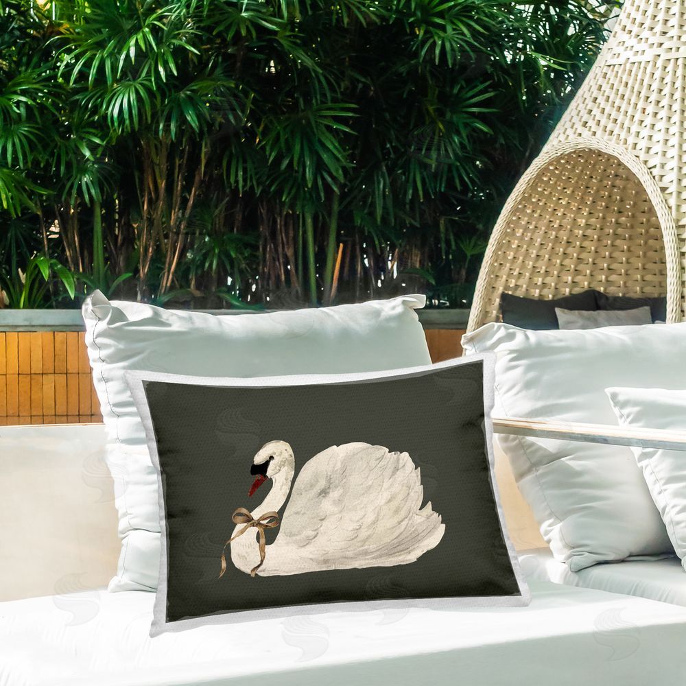 Lettered and Lined Holiday Swan with Ribbon Outdoor Quick-Dry Polyester Printed Throw Pillow in Back Yard