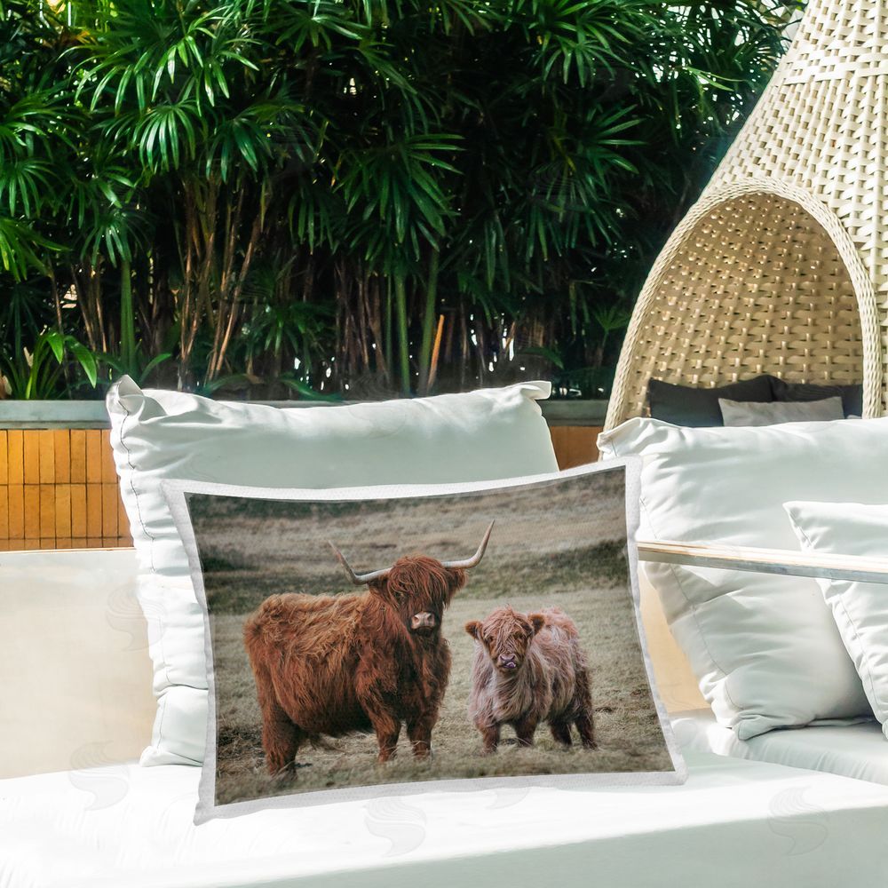 Lettered and Lined Mom & Baby Cow Outdoor Rectugular Printed Throw Pillow on Patio