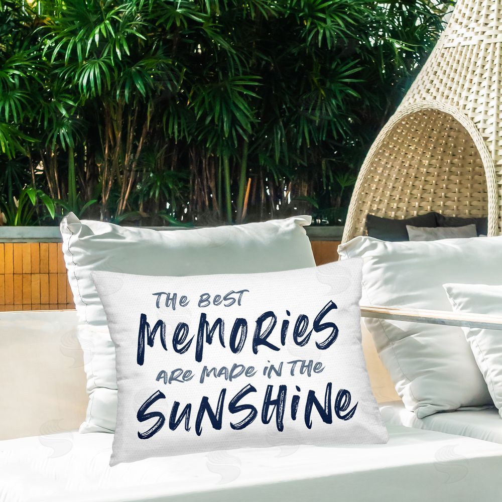 Lettered and Lined Memories Made In Sunshine Outdoor Rectugular Printed Throw Pillow on Patio