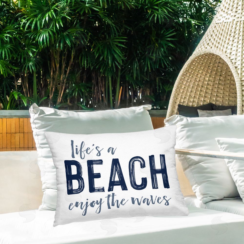 Lettered and Lined Summer Sentiment Enjoy Waves Outdoor Rectugular Printed Throw Pillow on Patio