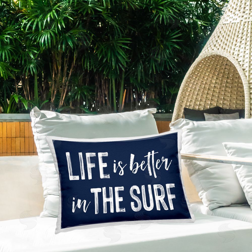 Lettered and Lined Life Better In Surf Outdoor Rectugular Printed Throw Pillow on Patio