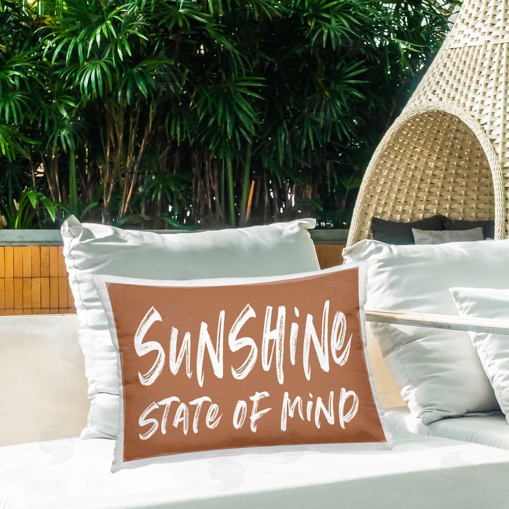 Lettered and Lined Summery Sunshine State Of Mind Outdoor Rectugular Printed Throw Pillow on Patio