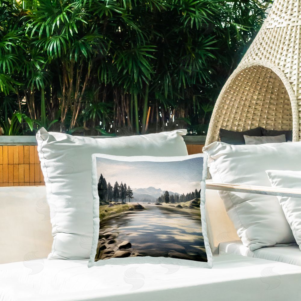 Kim Allen My Hideaway Pond Ripples Square Printed Throw Pillow on Patio