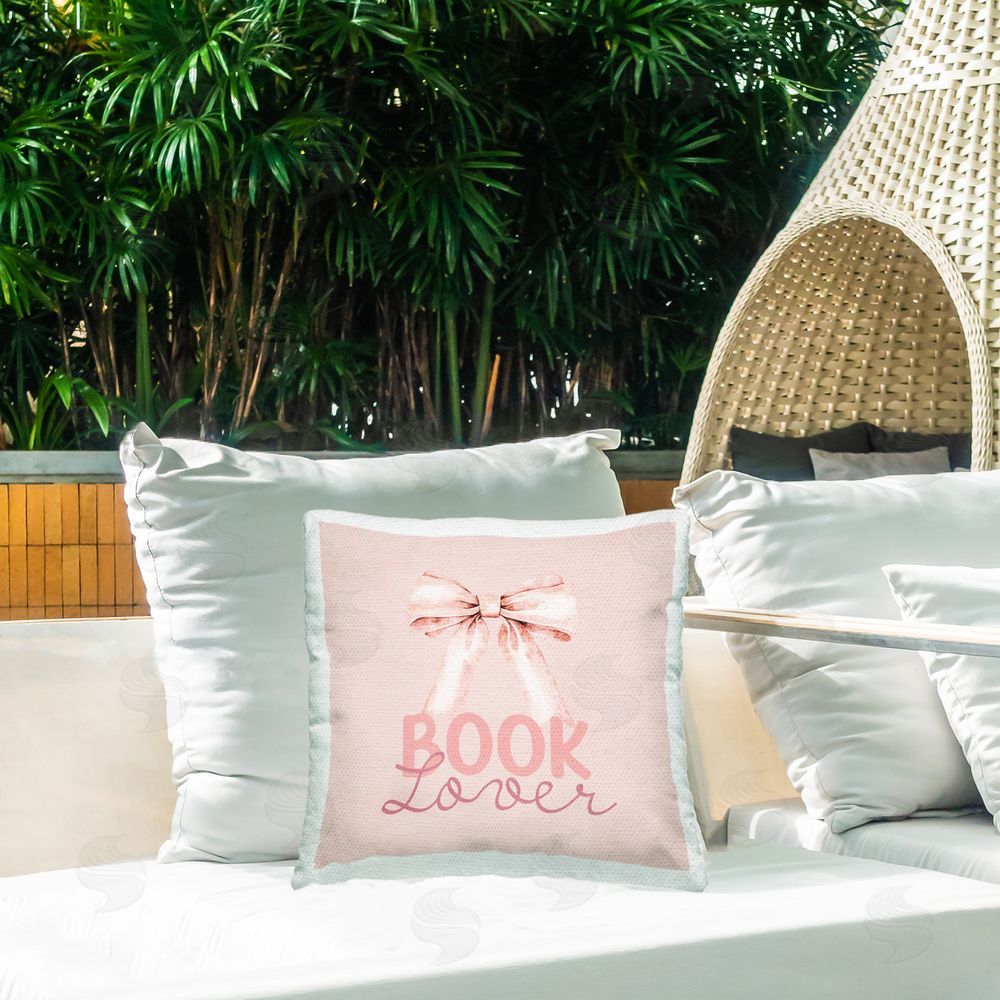 Kim Allen Blush Pink Book Lover Square Printed Throw Pillow on Patio