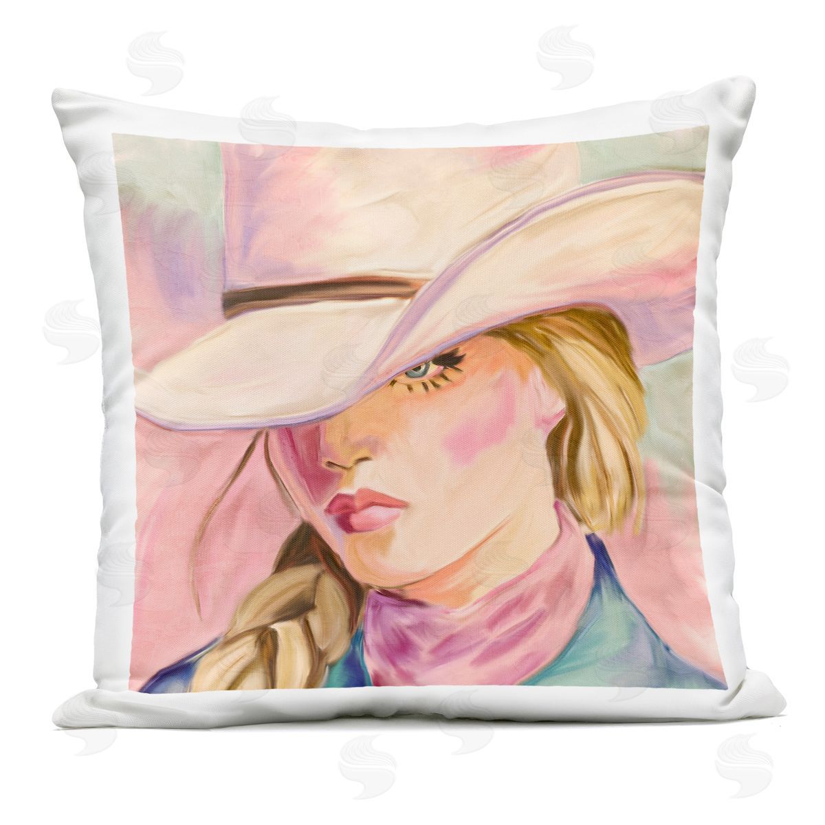 Kim Allen Pastel Cowgirl Gaze Beneath Hat Outdoor Square Printed Throw Pillow