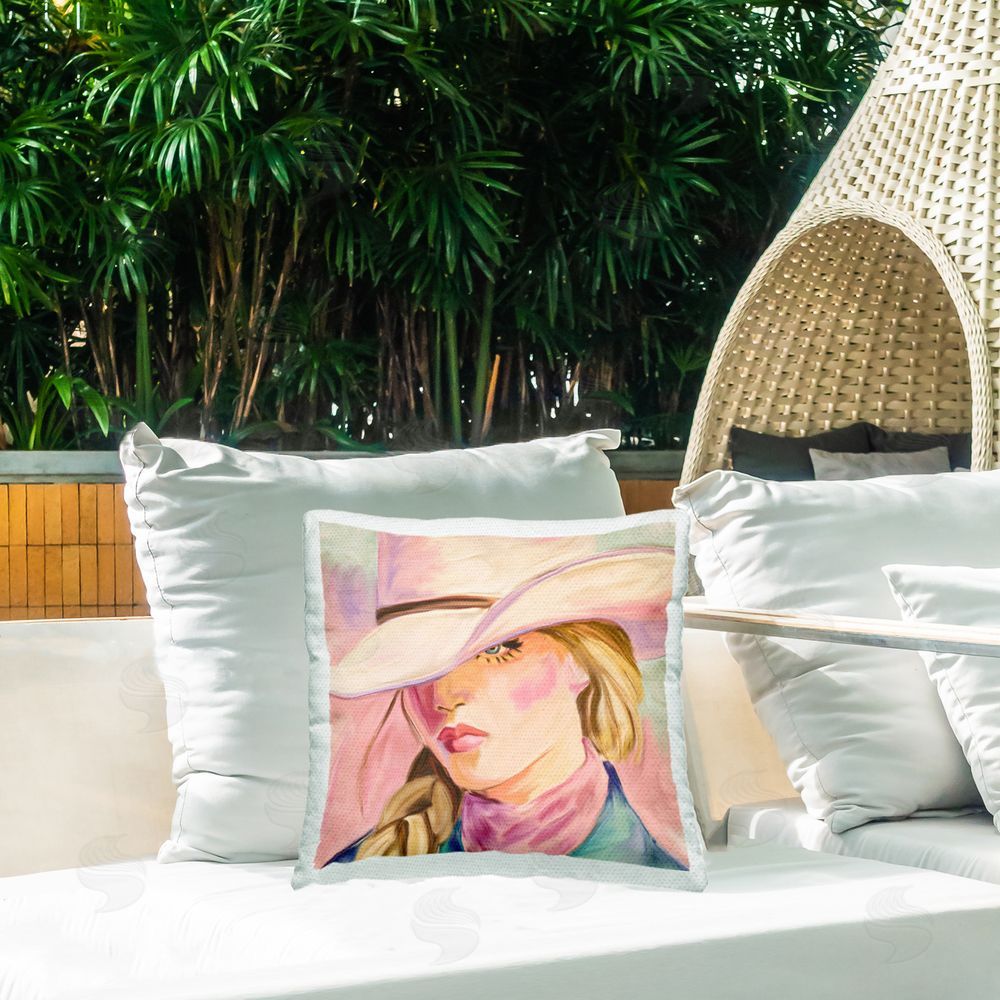 Kim Allen Pastel Cowgirl Gaze Beneath Hat Square Printed Throw Pillow on Patio
