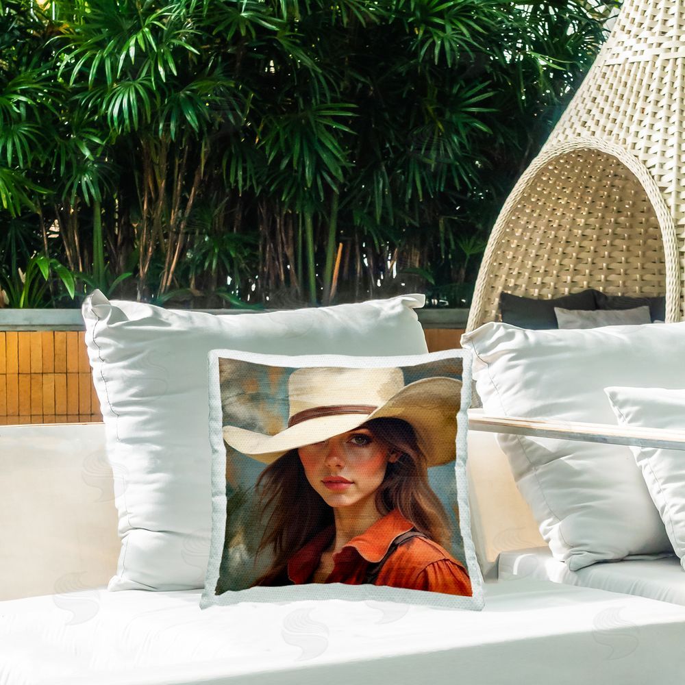 Kim Allen Cowgirl Gaze Beneath Hat Square Printed Throw Pillow on Patio