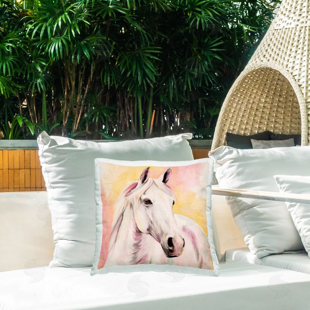 Kim Allen Sunset White Horse Square Printed Throw Pillow on Patio