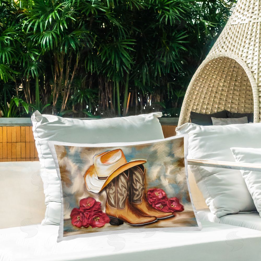 Kim Allen Boots & Floral Bunches Outdoor Rectugular Printed Throw Pillow on Patio