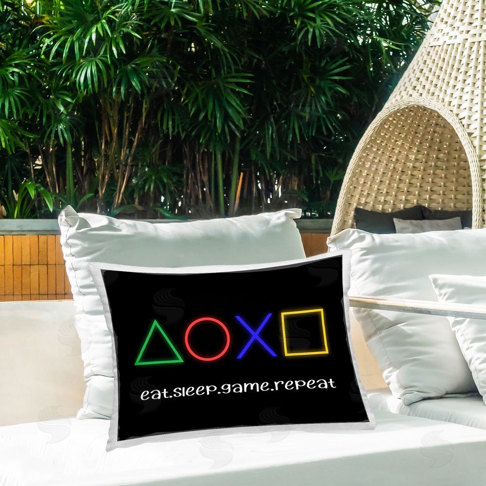 Christine Simpson Art Neon Gaming Symbols & Words Outdoor Rectugular Printed Throw Pillow on Patio
