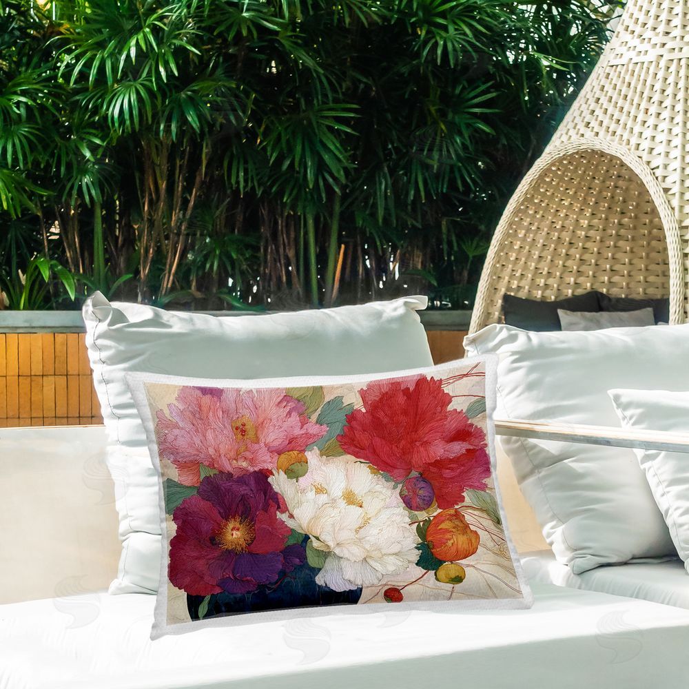 Annabelle Hall Haiku Ornate Flower Petals Outdoor Rectugular Printed Throw Pillow on Patio