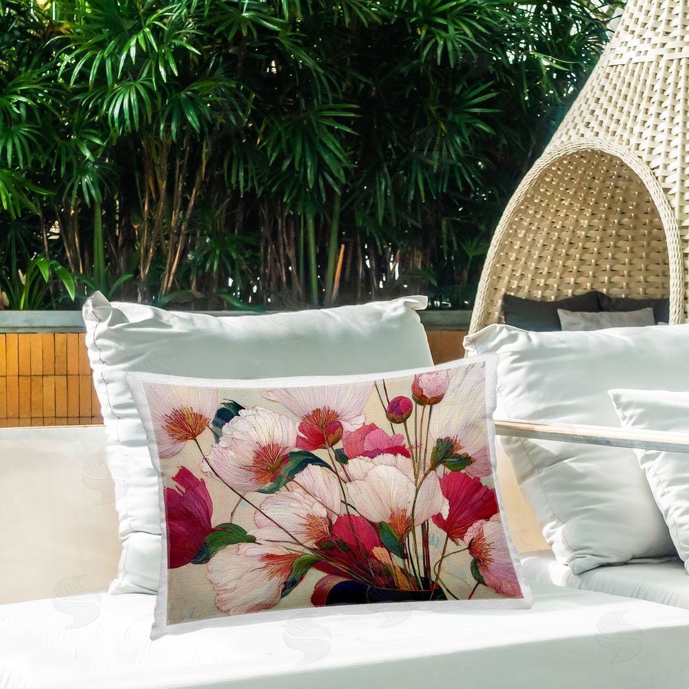 Annabelle Hall Lush Haiku Pink & White Flowers Outdoor Rectugular Printed Throw Pillow on Patio
