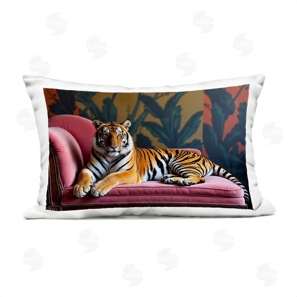 Lettered and Lined Exotic Tiger Lounging Outdoor Rectugular Printed Throw Pillow