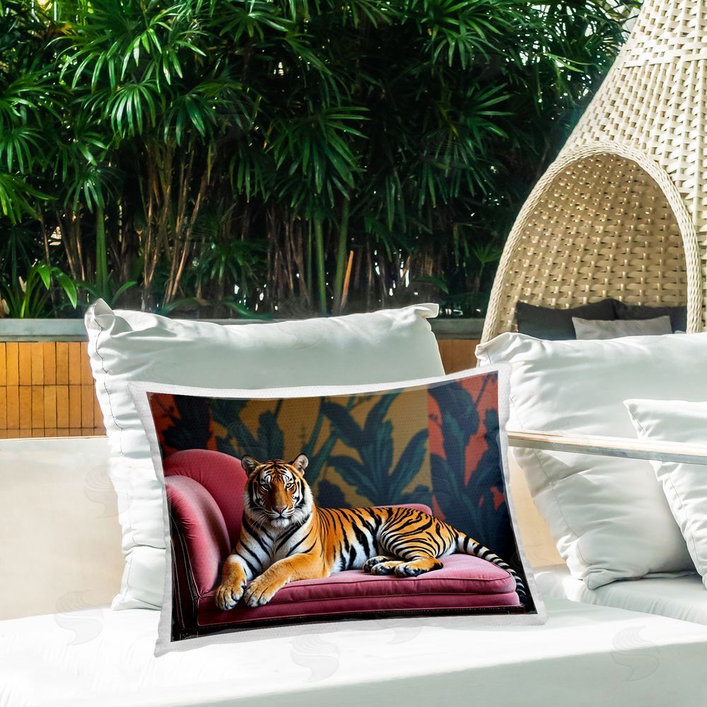 Lettered and Lined Exotic Tiger Lounging Outdoor Rectugular Printed Throw Pillow on Patio