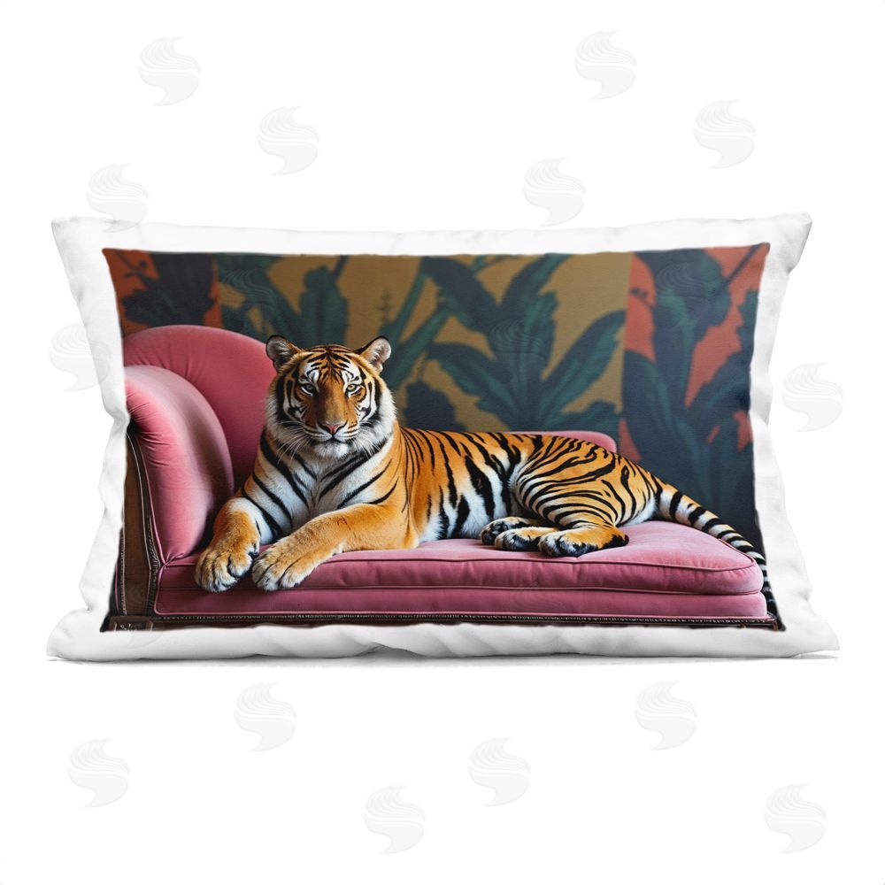 Lettered and Lined Exotic Tiger Lounging Rectugular Printed Throw Pillow