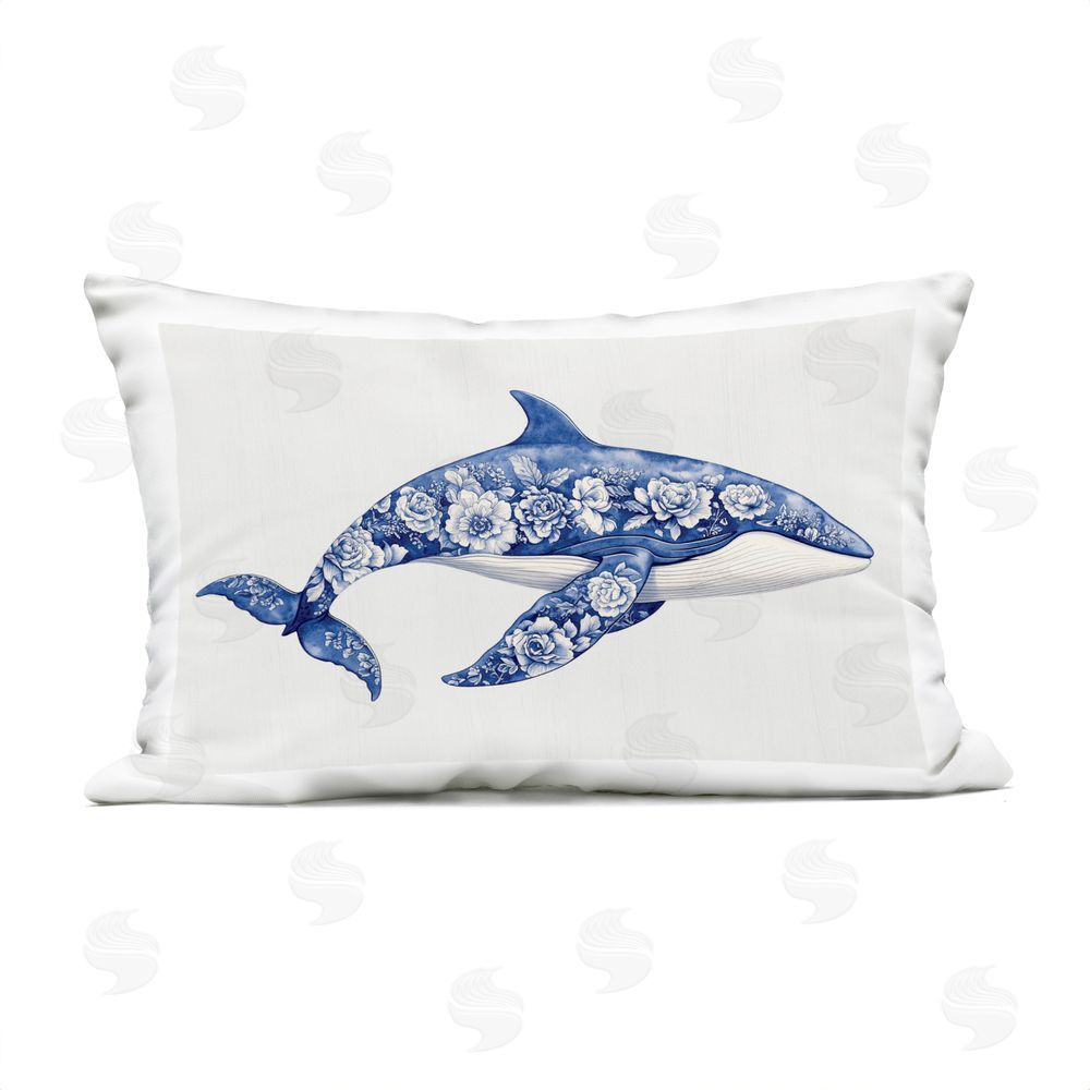 Lettered and Lined Floral Toile Whale Outdoor Rectugular Printed Throw Pillow