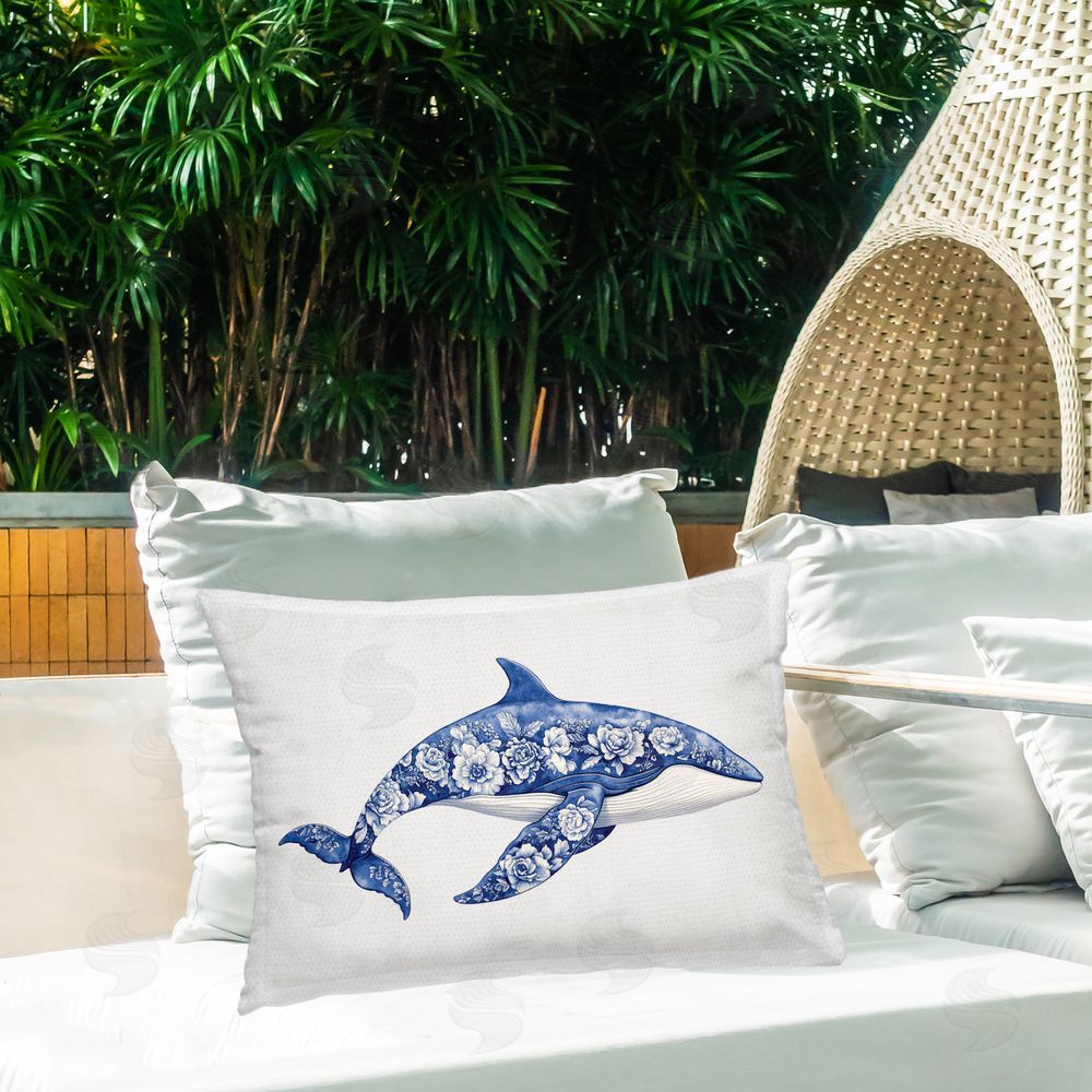 Lettered and Lined Floral Toile Whale Outdoor Rectugular Printed Throw Pillow on Patio