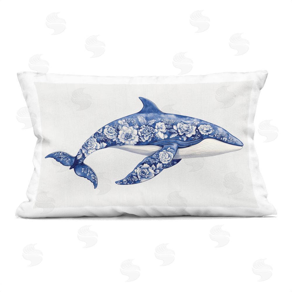 Lettered and Lined Floral Toile Whale Rectugular Printed Throw Pillow