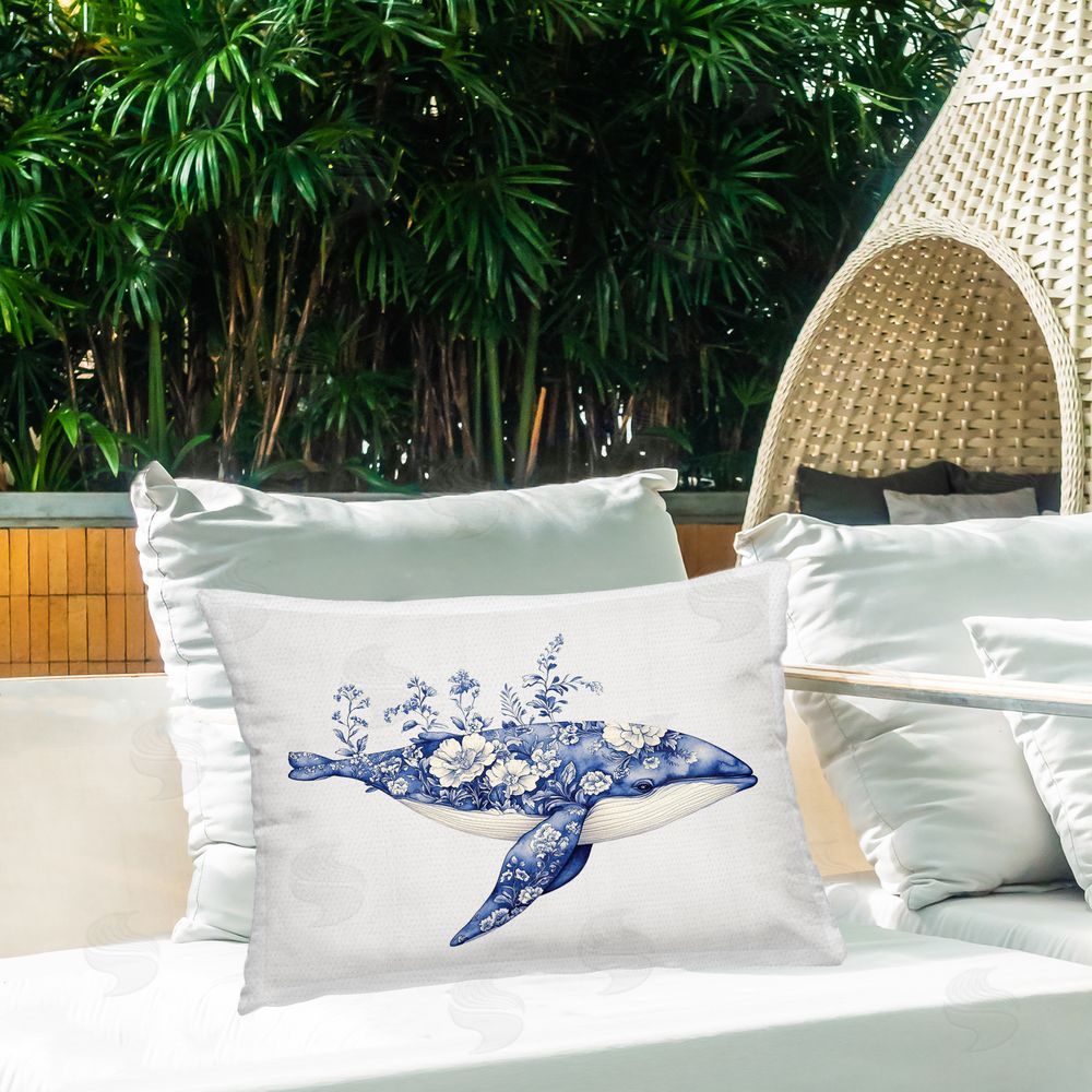 Lettered and Lined Blooming Toile Whale Outdoor Rectugular Printed Throw Pillow on Patio