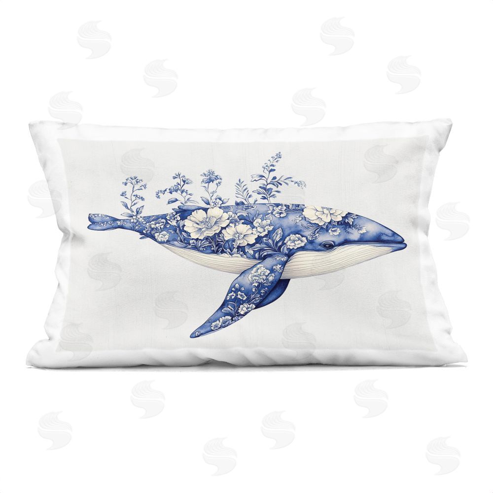 Lettered and Lined Blooming Toile Whale Rectugular Printed Throw Pillow