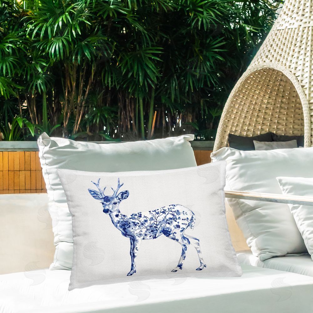 Lettered and Lined Graceful Toile Deer Outdoor Rectugular Printed Throw Pillow on Patio
