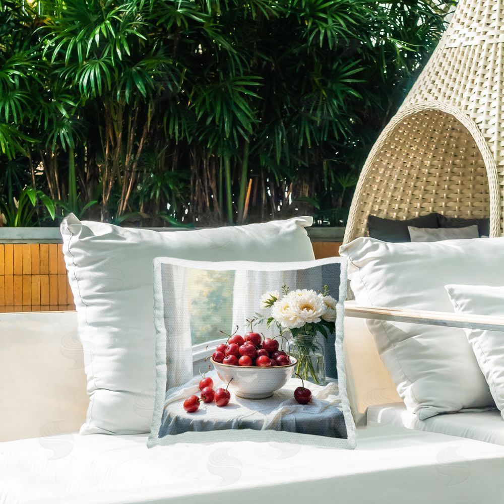 Lettered and Lined Cherries & Flowers Still Life Square Printed Throw Pillow on Patio